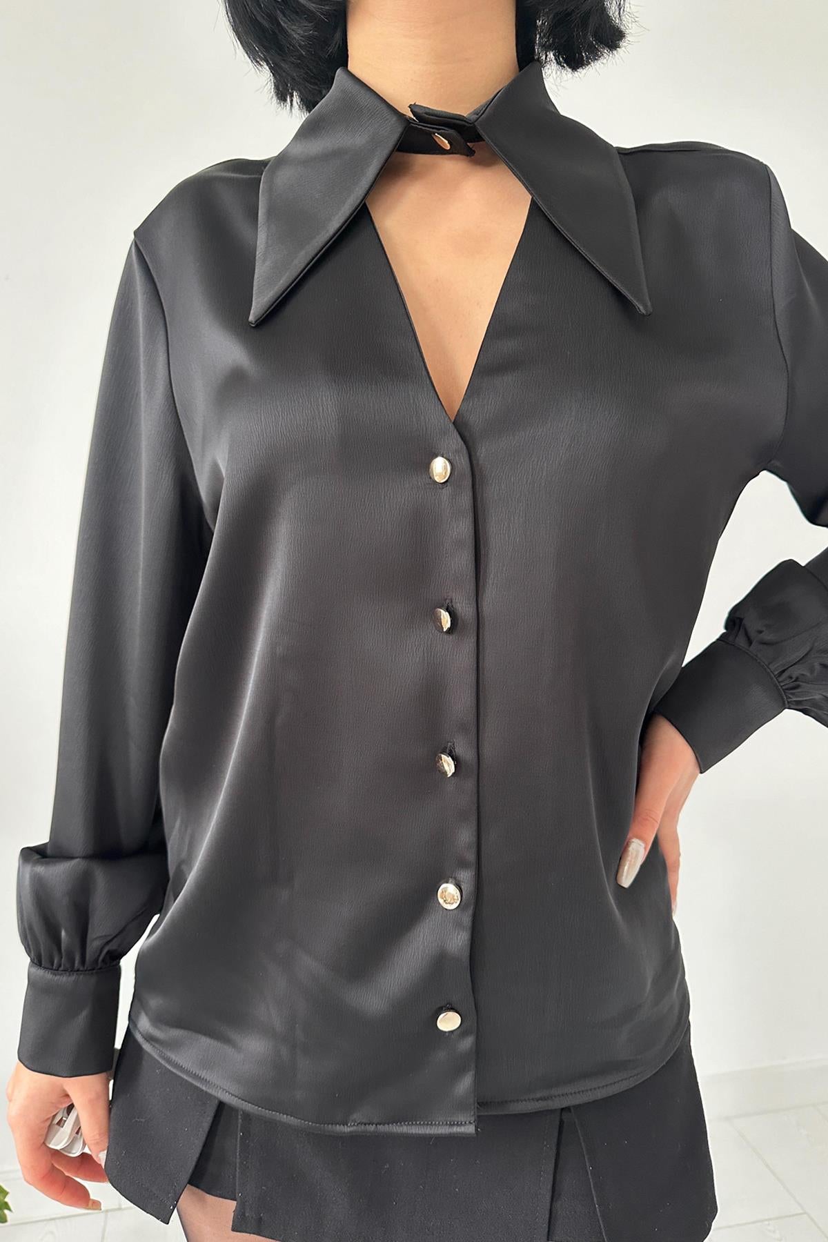V-Flat Collar Satin Shirt