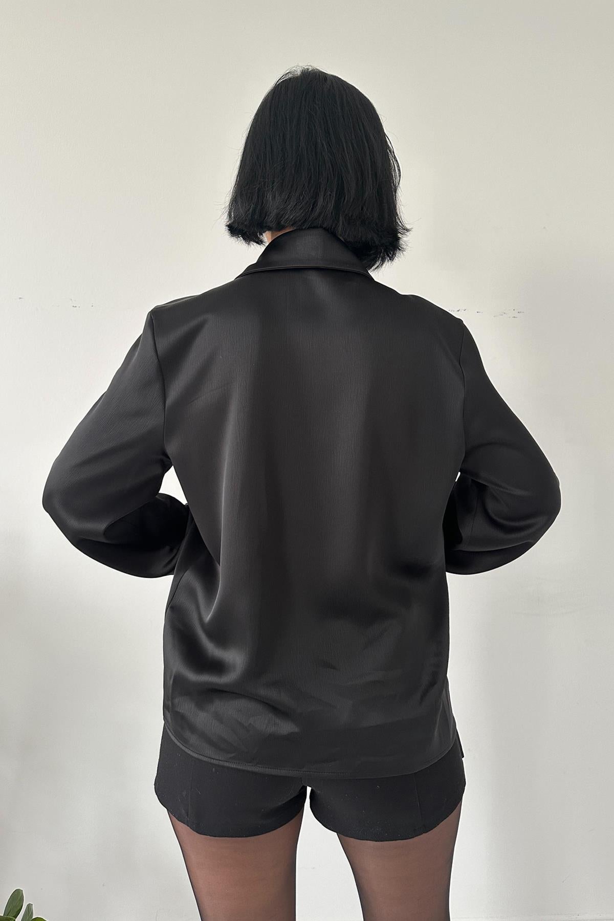 V-Flat Collar Satin Shirt