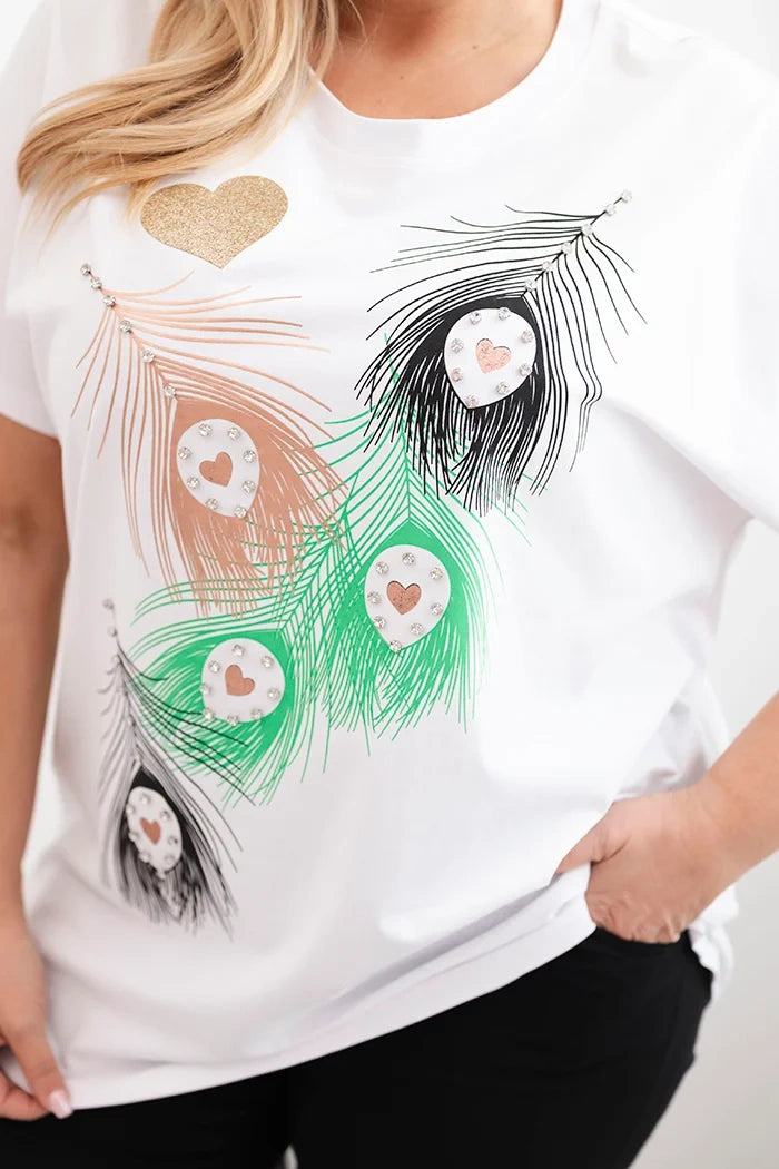 Women's Cotton Plus Size Blouse with Feather Motif white + pink
