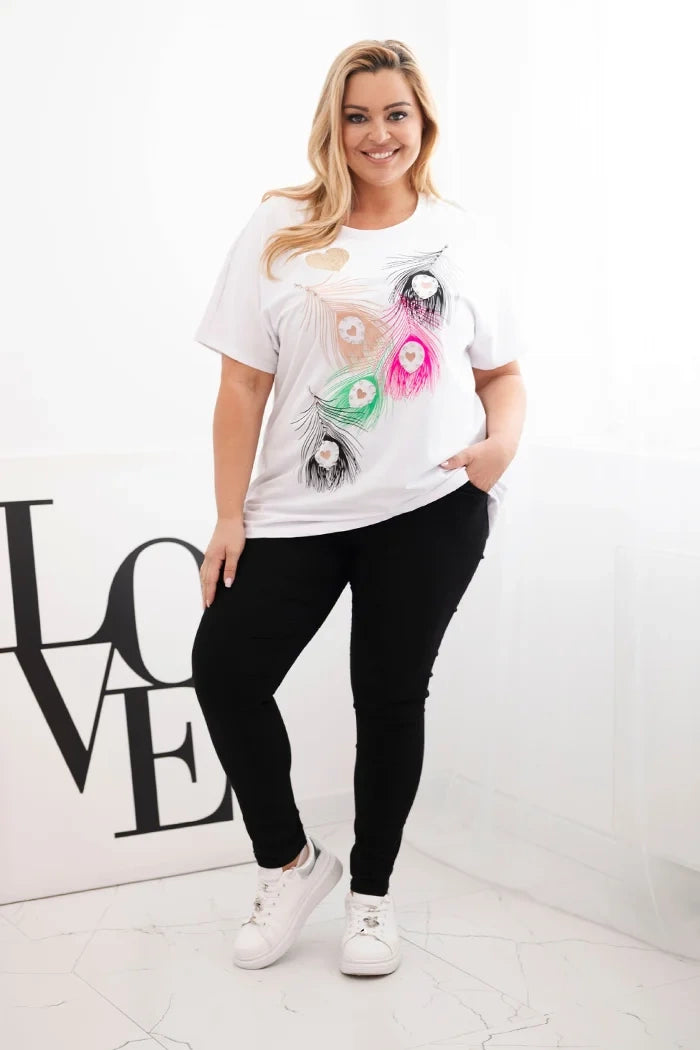 Women's Cotton Plus Size Blouse with Feather Motif white + pink