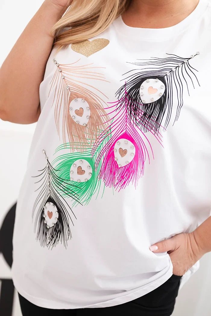 Women's Cotton Plus Size Blouse with Feather Motif white + pink