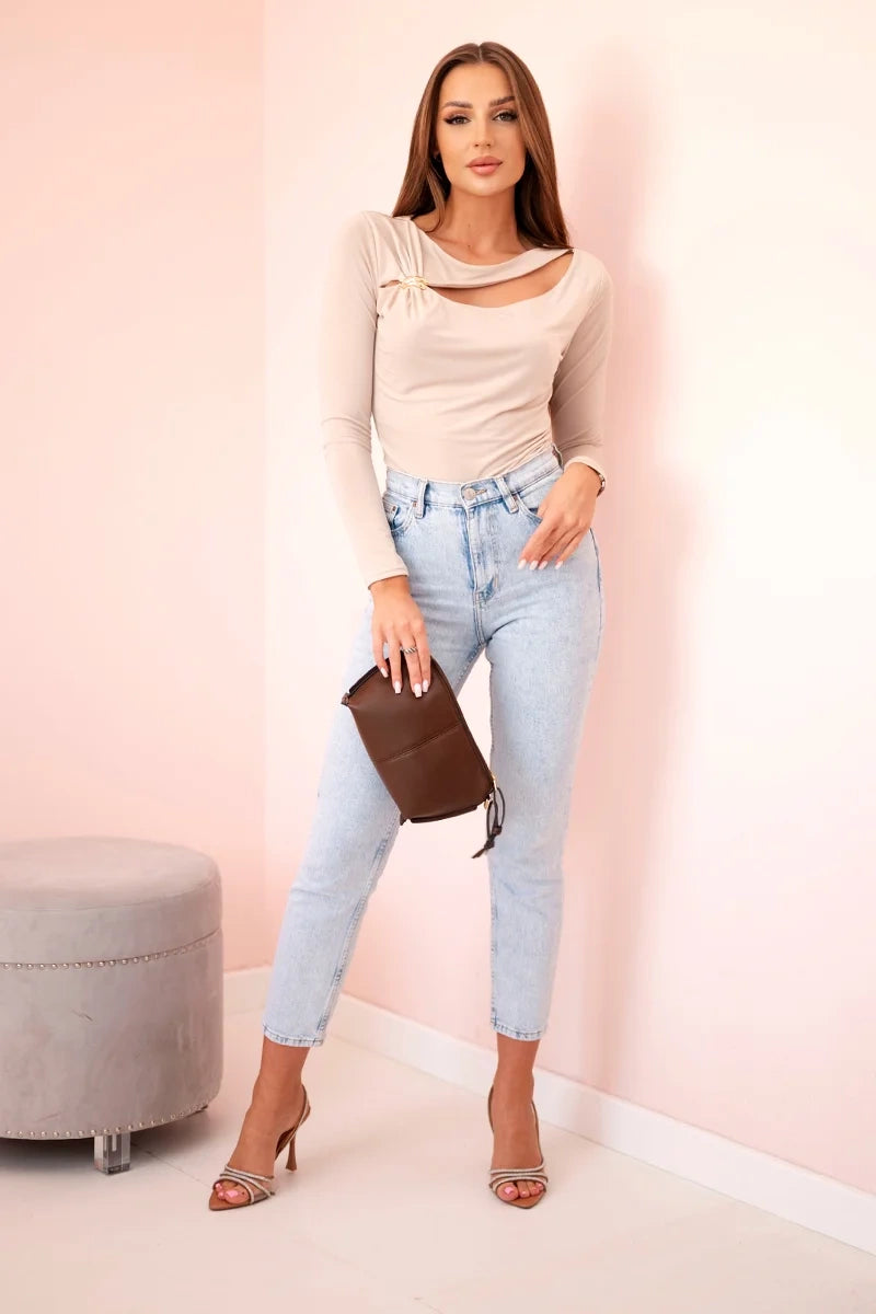 Women's bodysuit blouse with ruffles and decorative buckle