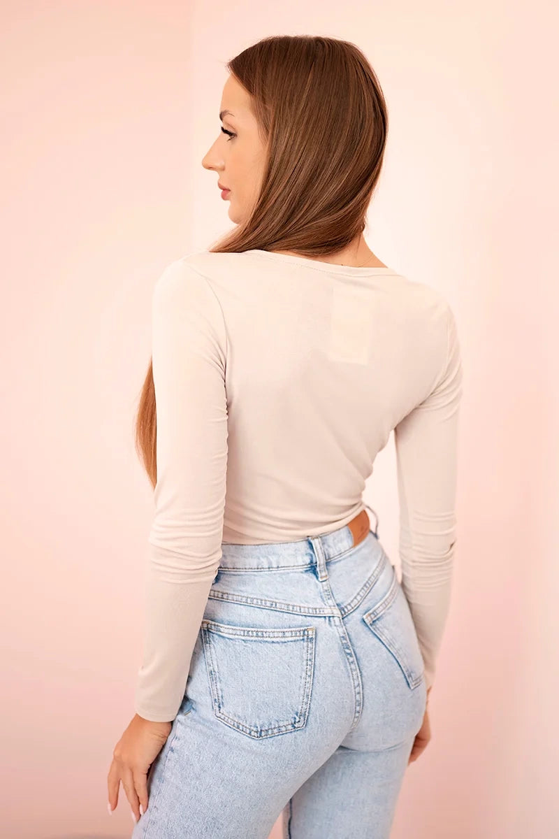 Women's bodysuit blouse with ruffles and decorative buckle