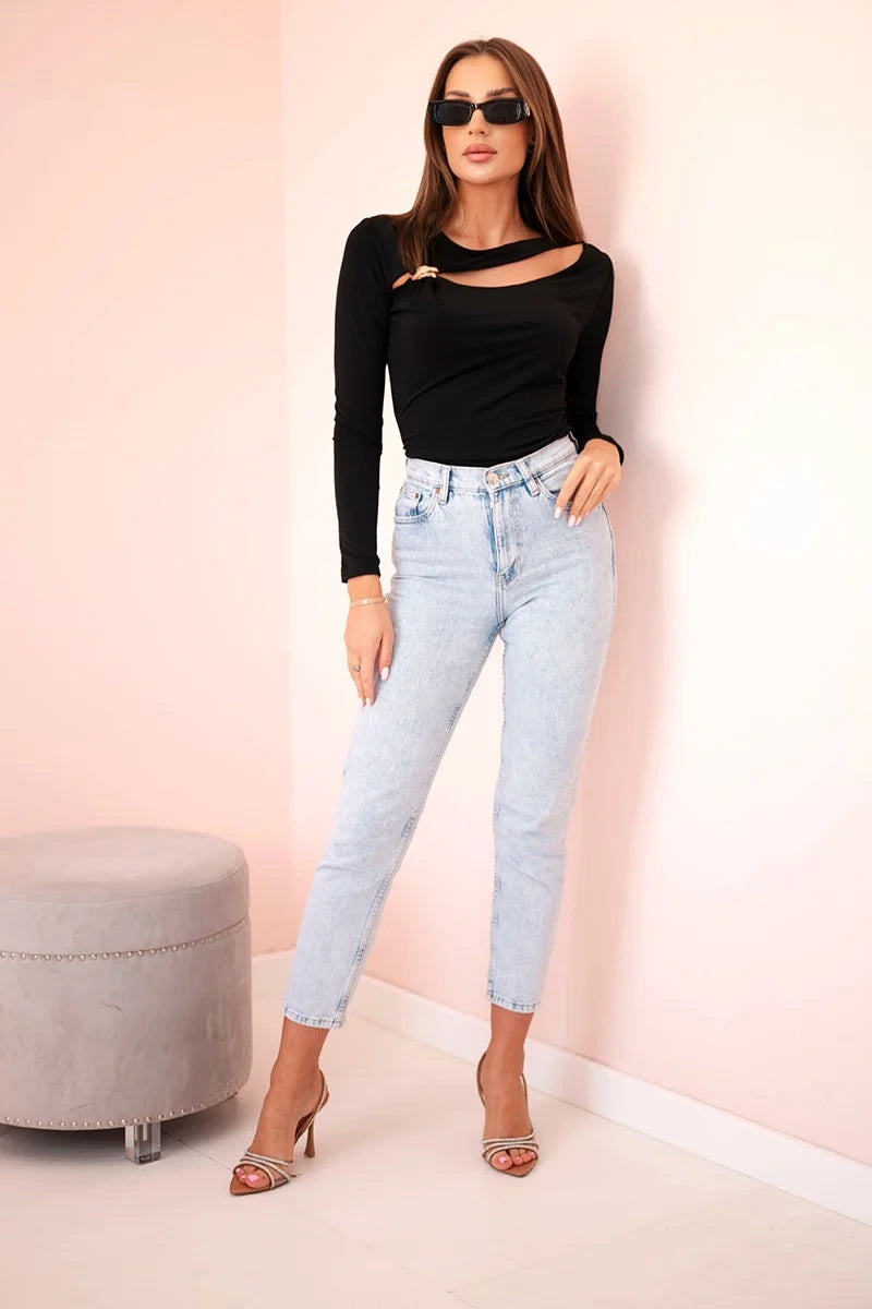 Women's bodysuit blouse with ruffles and decorative buckle
