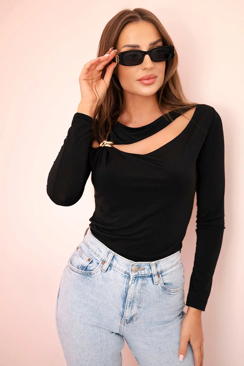 Women's bodysuit blouse with ruffles and decorative buckle