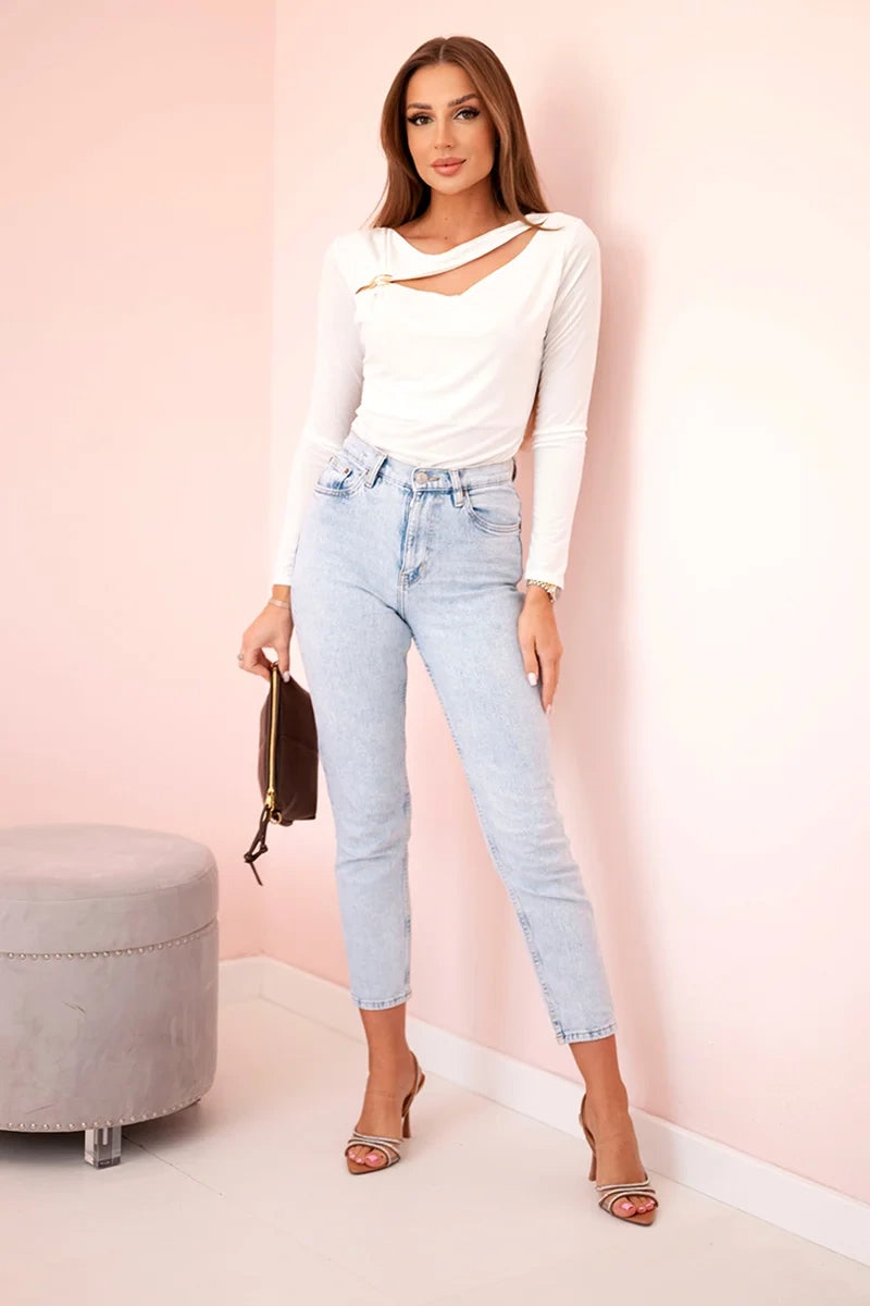 Women's bodysuit blouse with ruffles and decorative buckle