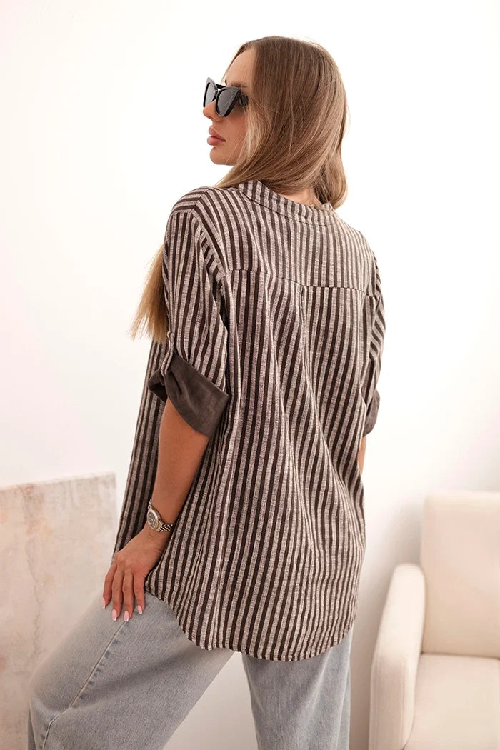 Women's cotton striped shirt with pocket brown